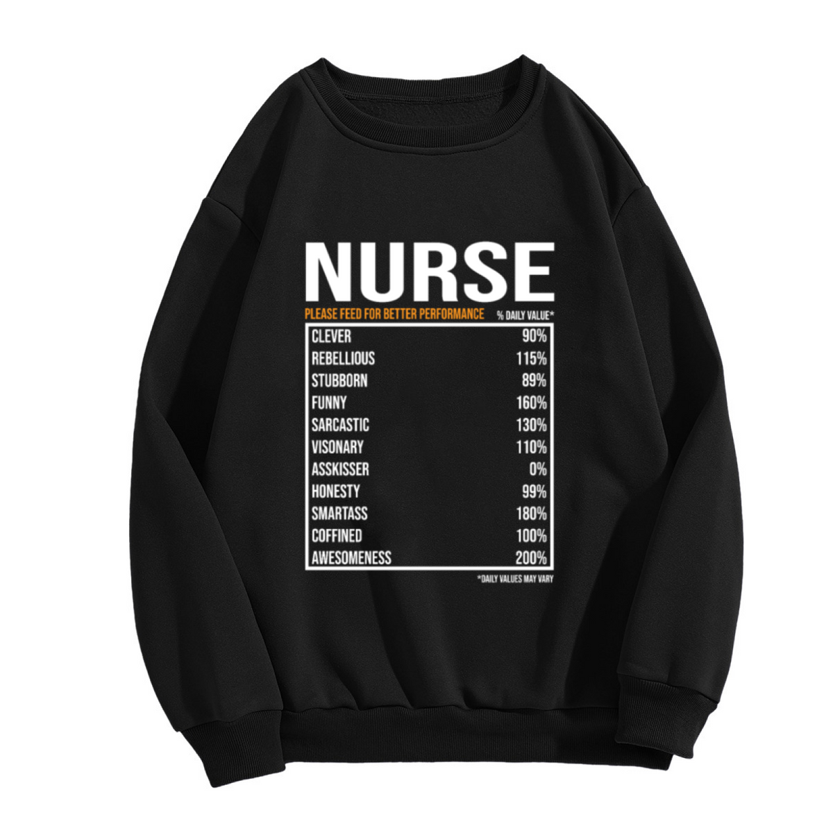 NURSE Nutrition Facts Funny Nurse Parody Crewneck Sweatshirt | Sarcastic Healthcare Humor Pullover, Nurse Gift