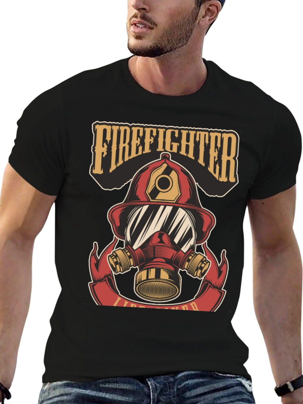 Firefighter Helmet Graphic Tee - Black Cotton T-Shirt