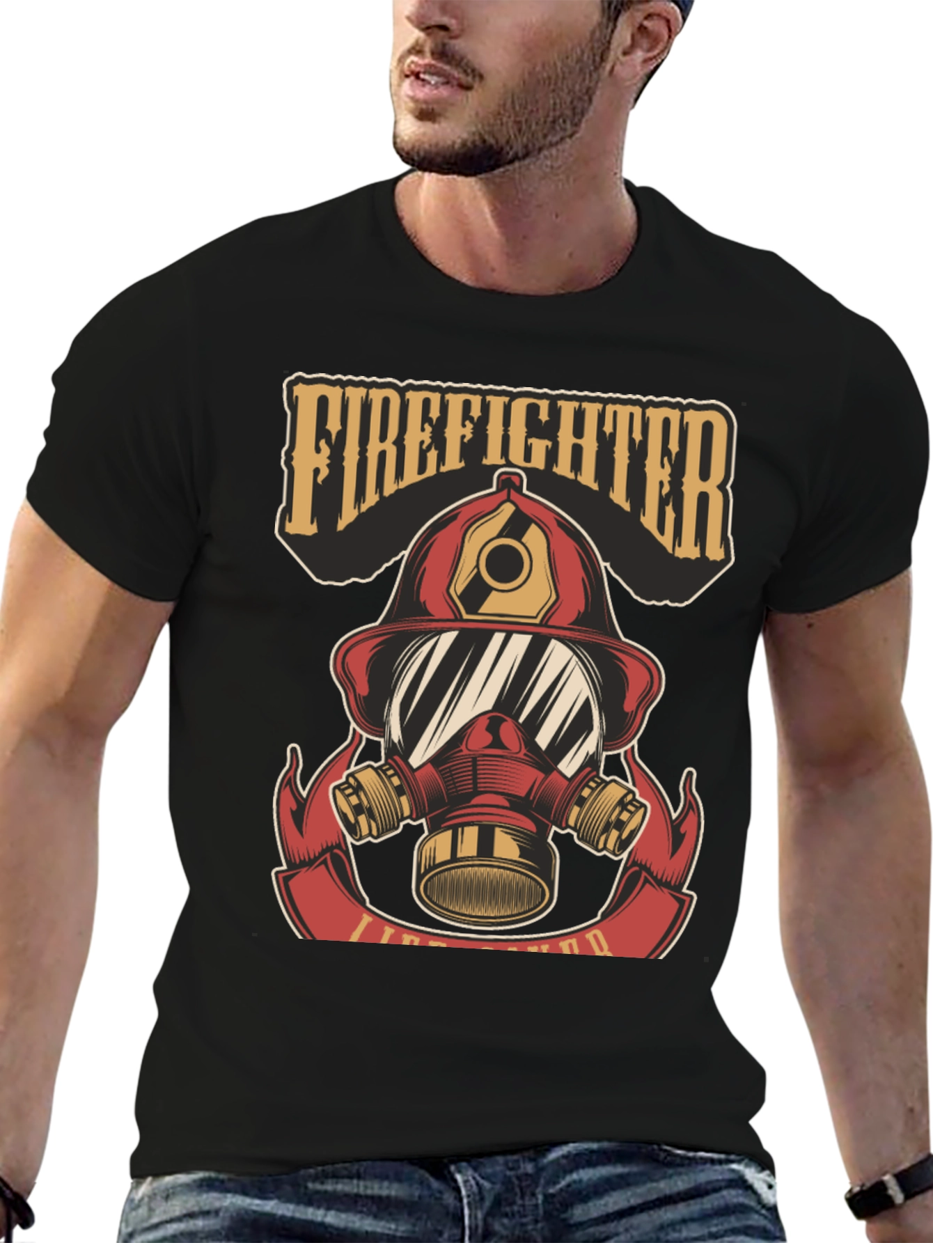 Firefighter Helmet Graphic Tee - Black Cotton T-Shirt
