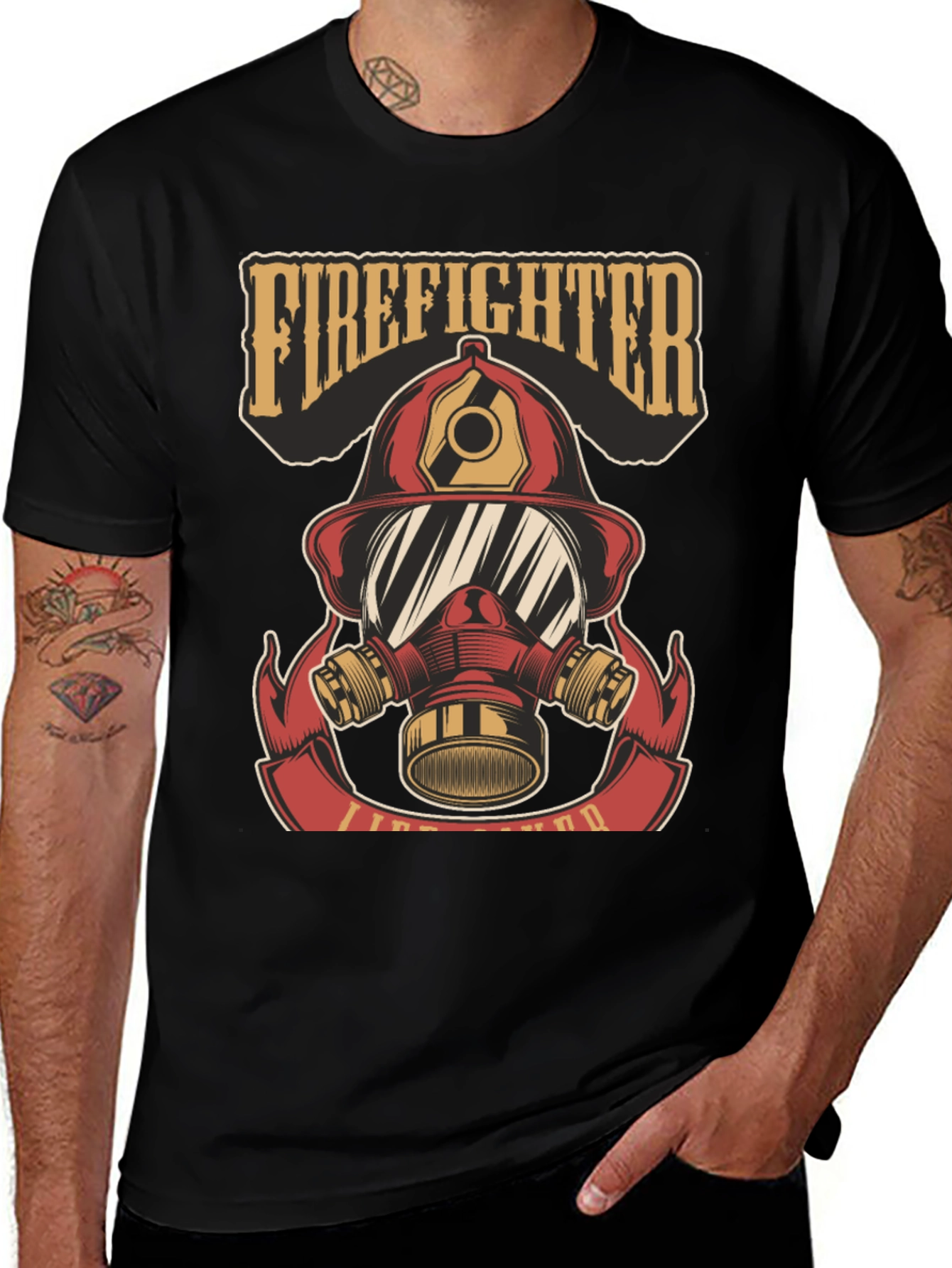 Firefighter Helmet Graphic Tee - Black Cotton T-Shirt