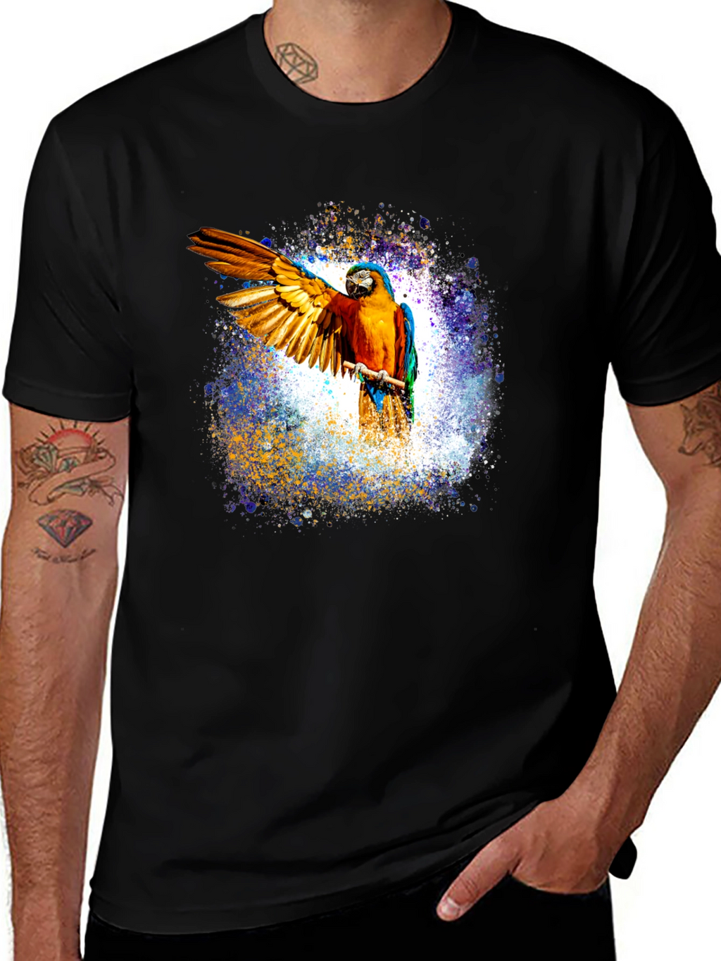 Macaw Parrot Graphic Black T-Shirt