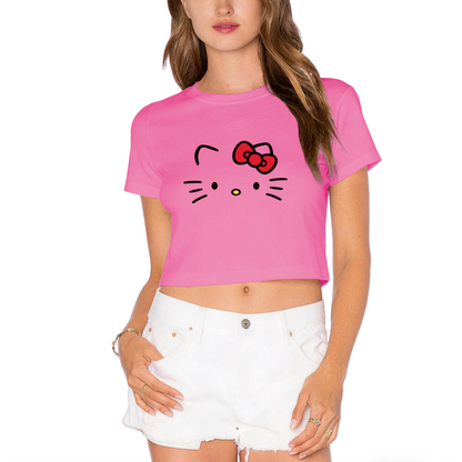 Simple Face Hello Kitty Hot Pink Cropped Top Casual Summer Crop T?Shirt