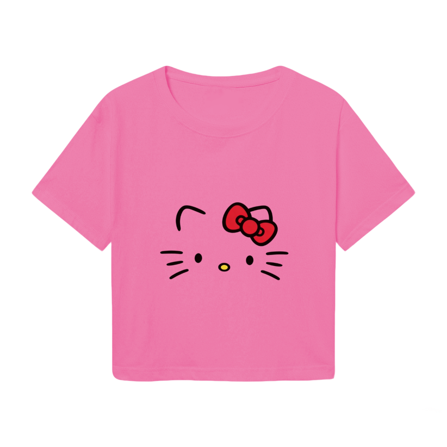 Simple Face Hello Kitty Hot Pink Cropped Top Casual Summer Crop T?Shirt