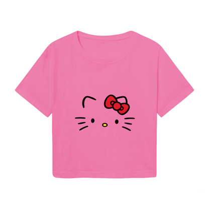 Simple Face Hello Kitty Hot Pink Cropped Top Casual Summer Crop T?Shirt