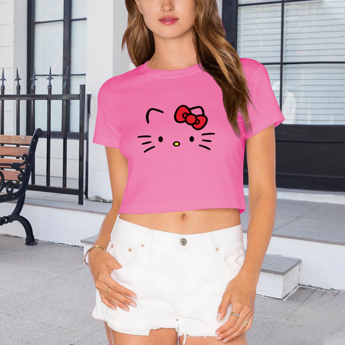 Simple Face Hello Kitty Hot Pink Cropped Top Casual Summer Crop T?Shirt