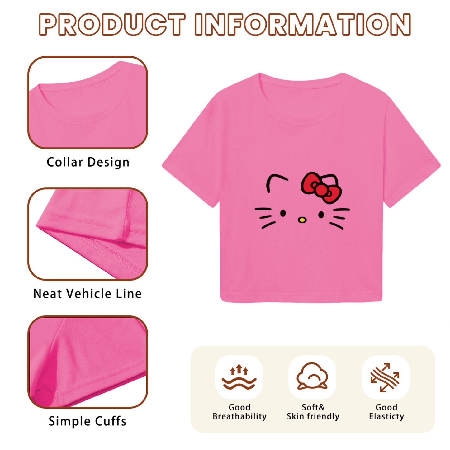 Simple Face Hello Kitty Hot Pink Cropped Top Casual Summer Crop T?Shirt