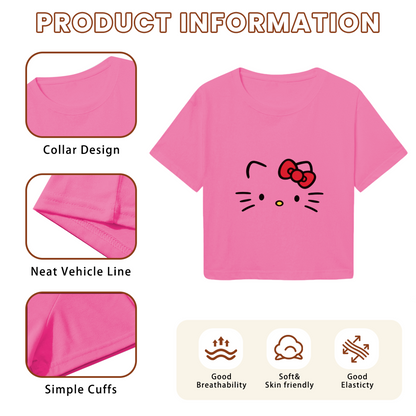 Simple Face Hello Kitty Hot Pink Cropped Top Casual Summer Crop T?Shirt