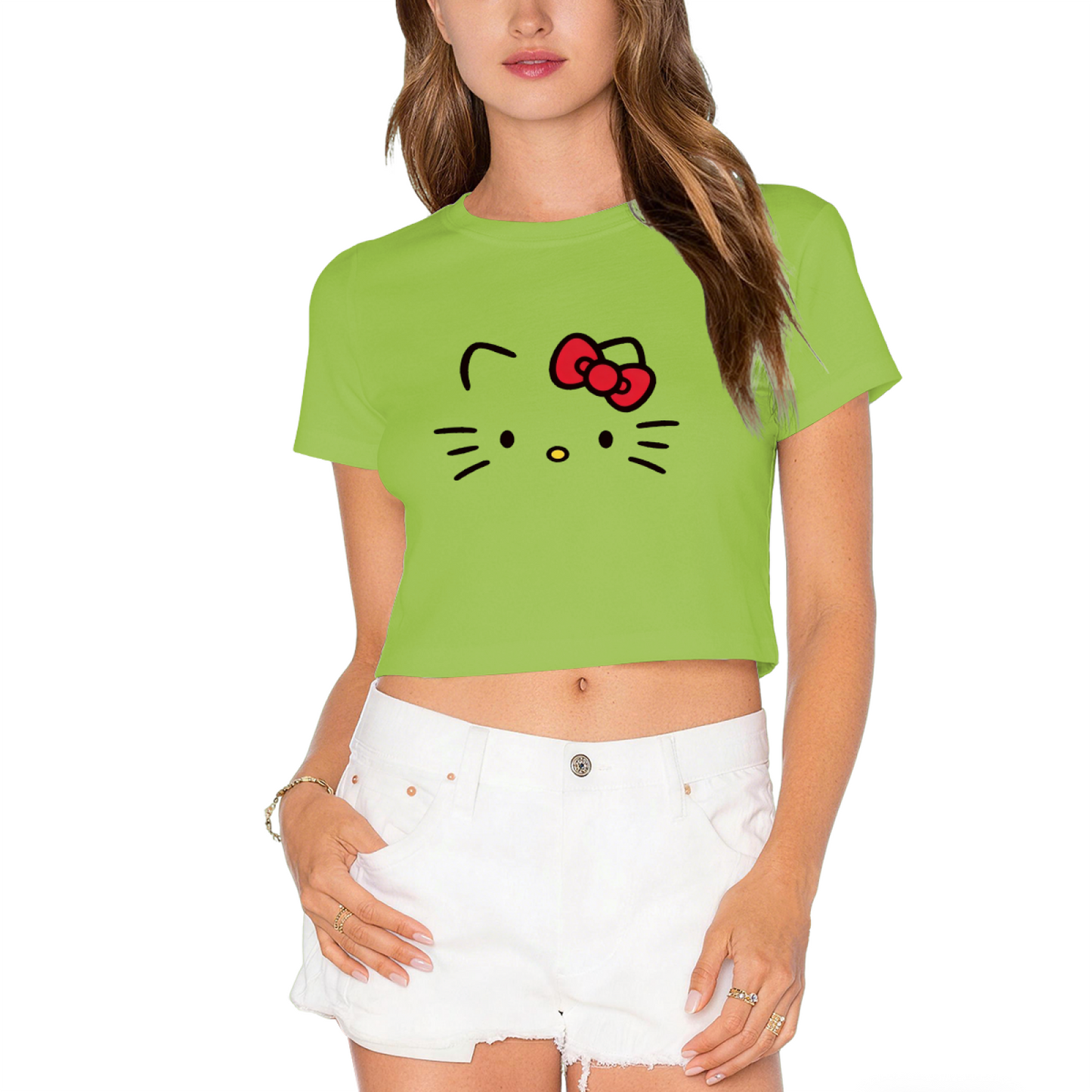 Simple Face Hello Kitty Hot Pink Cropped Top Casual Summer Crop T?Shirt