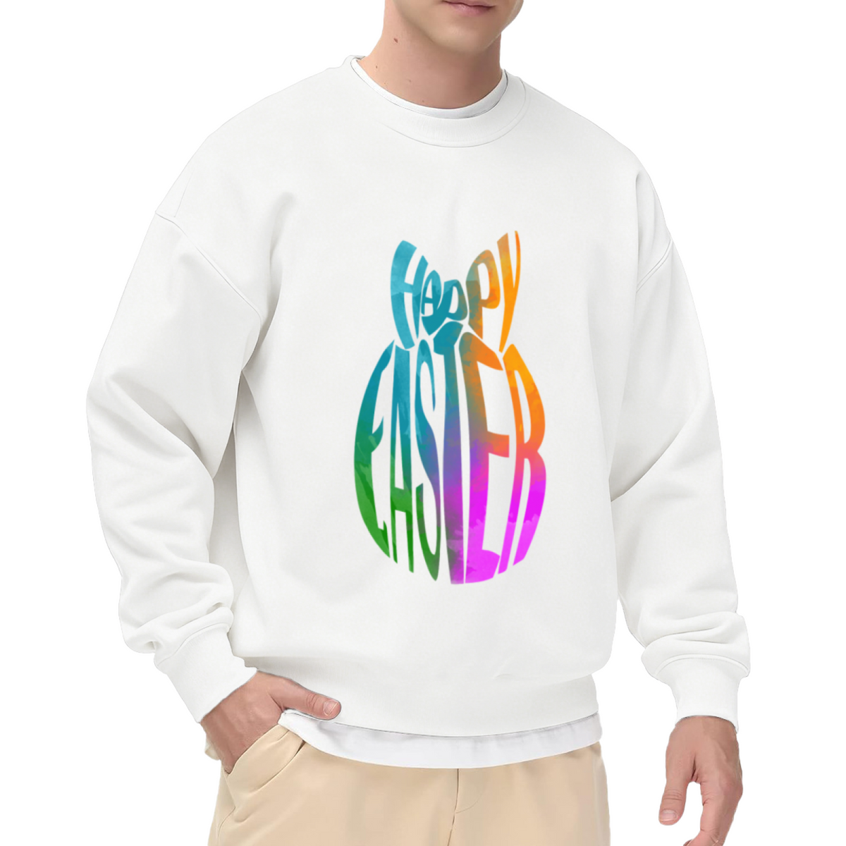 Happy Easter Egg Lettering Crewneck Sweatshirt | Colorful Rainbow Gradient Pullover, Festive Holiday Graphic Top, Easter Gift