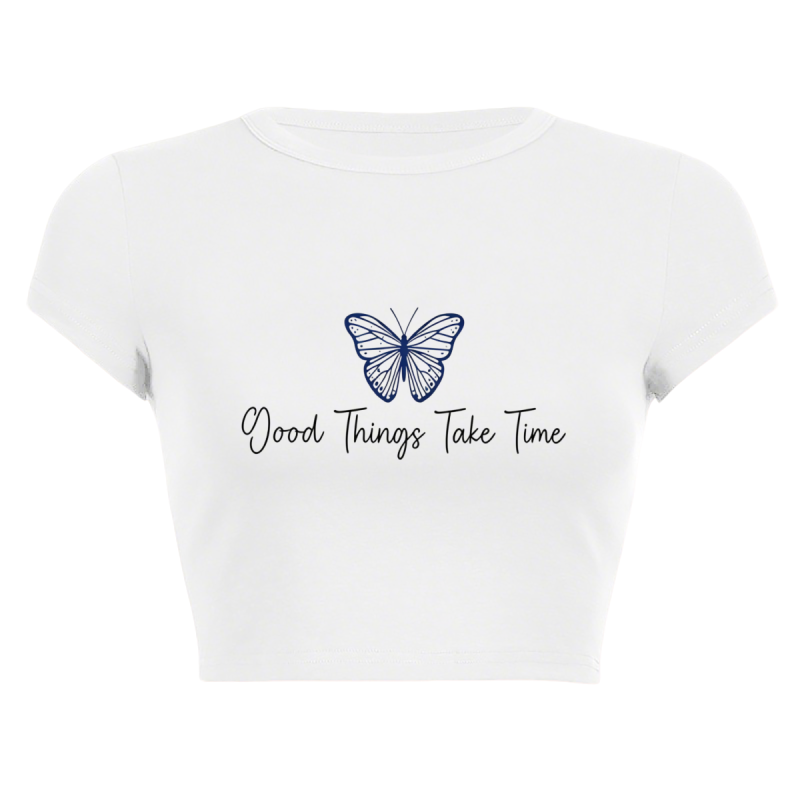 Blue Butterfly Good Things Take Time White Crop Top