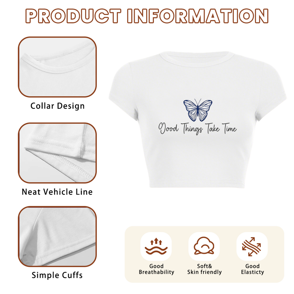 Blue Butterfly Good Things Take Time White Crop Top