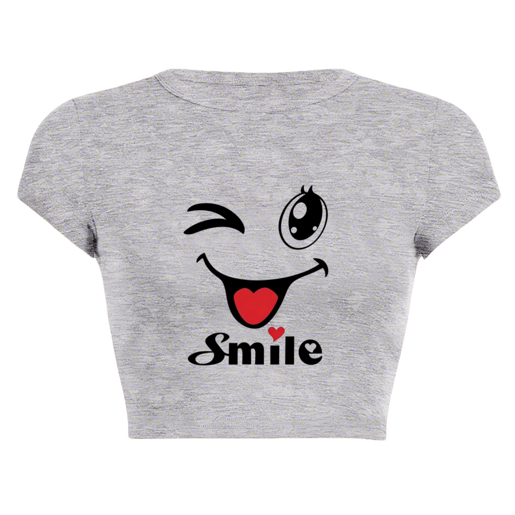 Wink Smile Heart Cute Cartoon Gray Casual Crop Tee