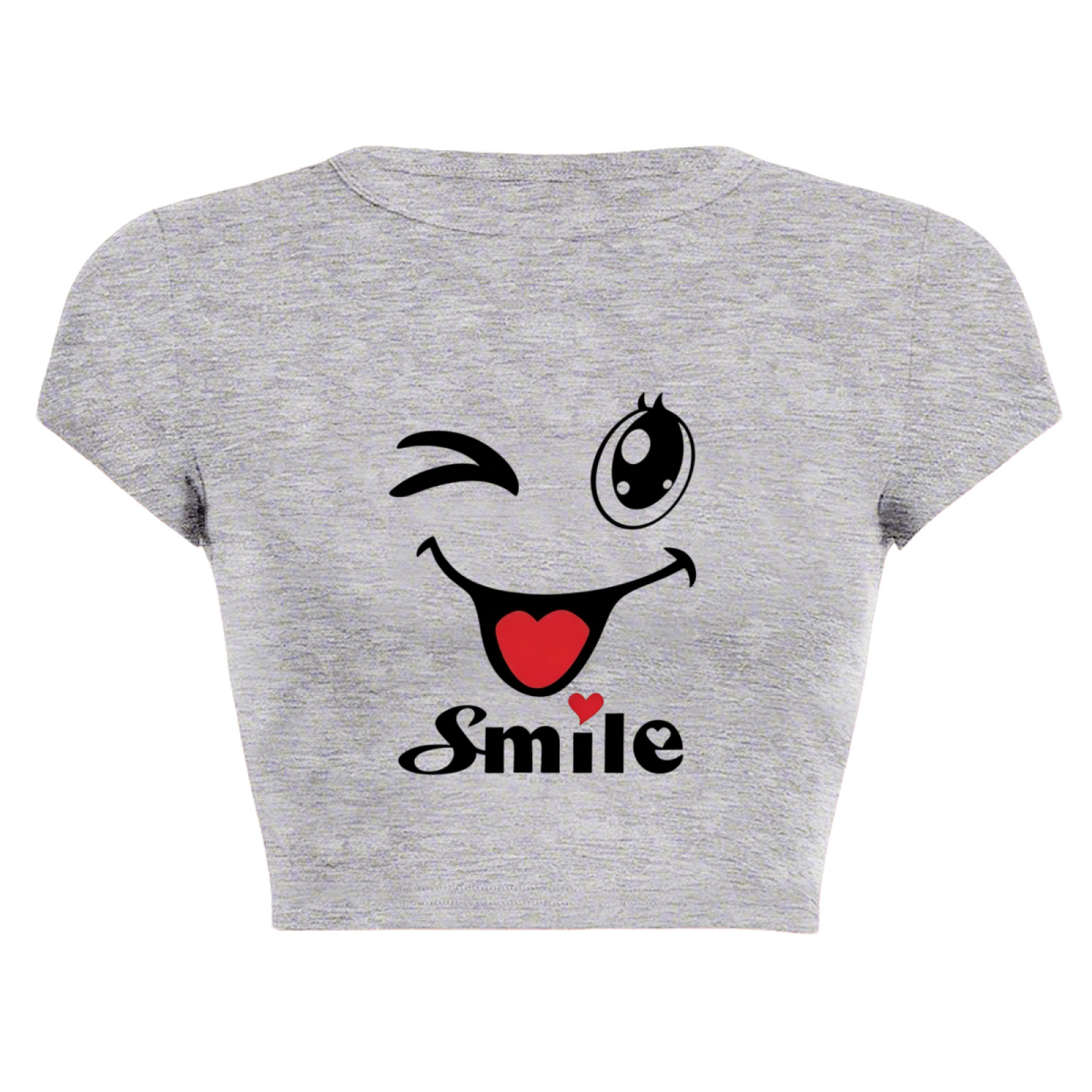 Wink Smile Heart Cute Cartoon Gray Casual Crop Tee