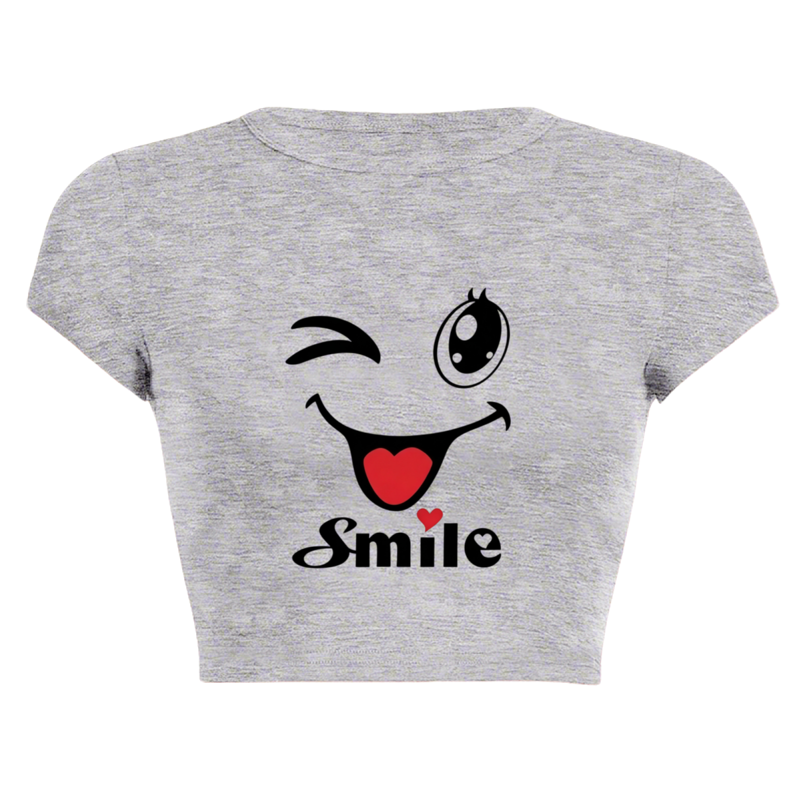 Wink Smile Heart Cute Cartoon Gray Casual Crop Tee