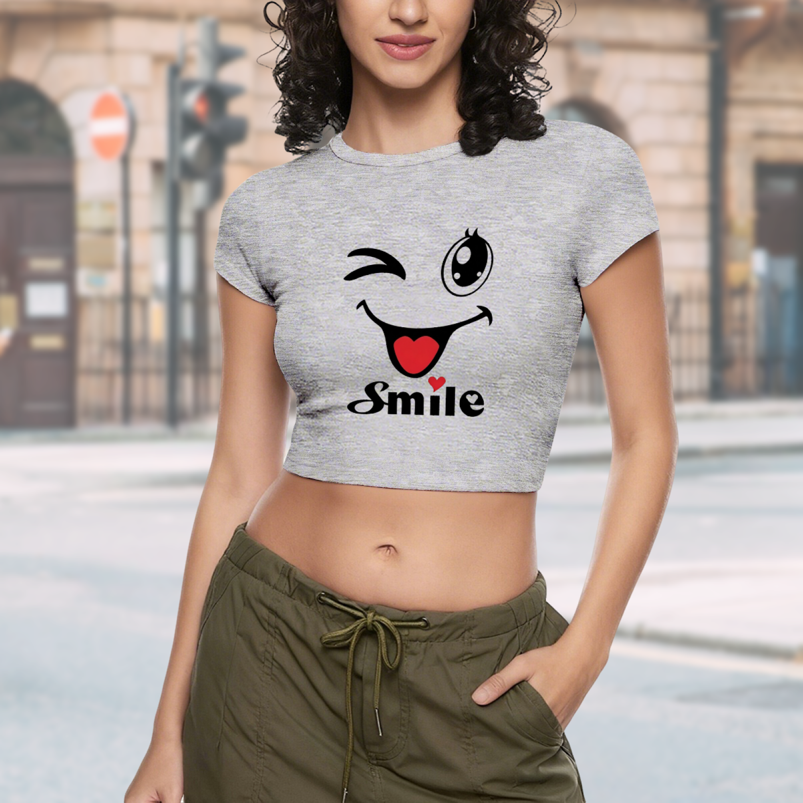 Wink Smile Heart Cute Cartoon Gray Casual Crop Tee