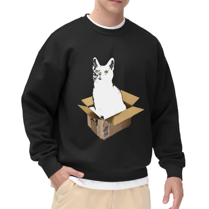 Cat In A Box Grunge Photo Collage Crewneck Sweatshirt | Funny White Cat Cardboard Graphic Pullover, Cat Lover Gift