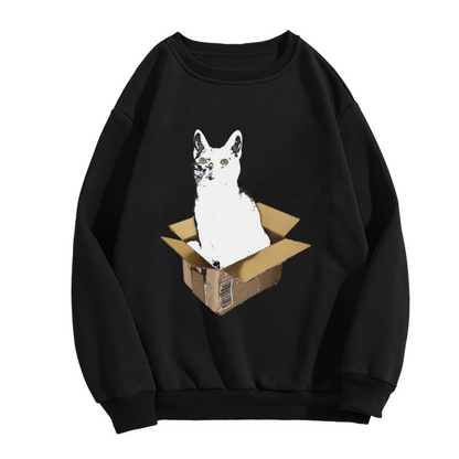 Cat In A Box Grunge Photo Collage Crewneck Sweatshirt | Funny White Cat Cardboard Graphic Pullover, Cat Lover Gift
