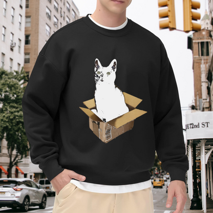 Cat In A Box Grunge Photo Collage Crewneck Sweatshirt | Funny White Cat Cardboard Graphic Pullover, Cat Lover Gift
