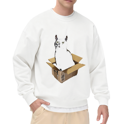 Cat In A Box Grunge Photo Collage Crewneck Sweatshirt | Funny White Cat Cardboard Graphic Pullover, Cat Lover Gift