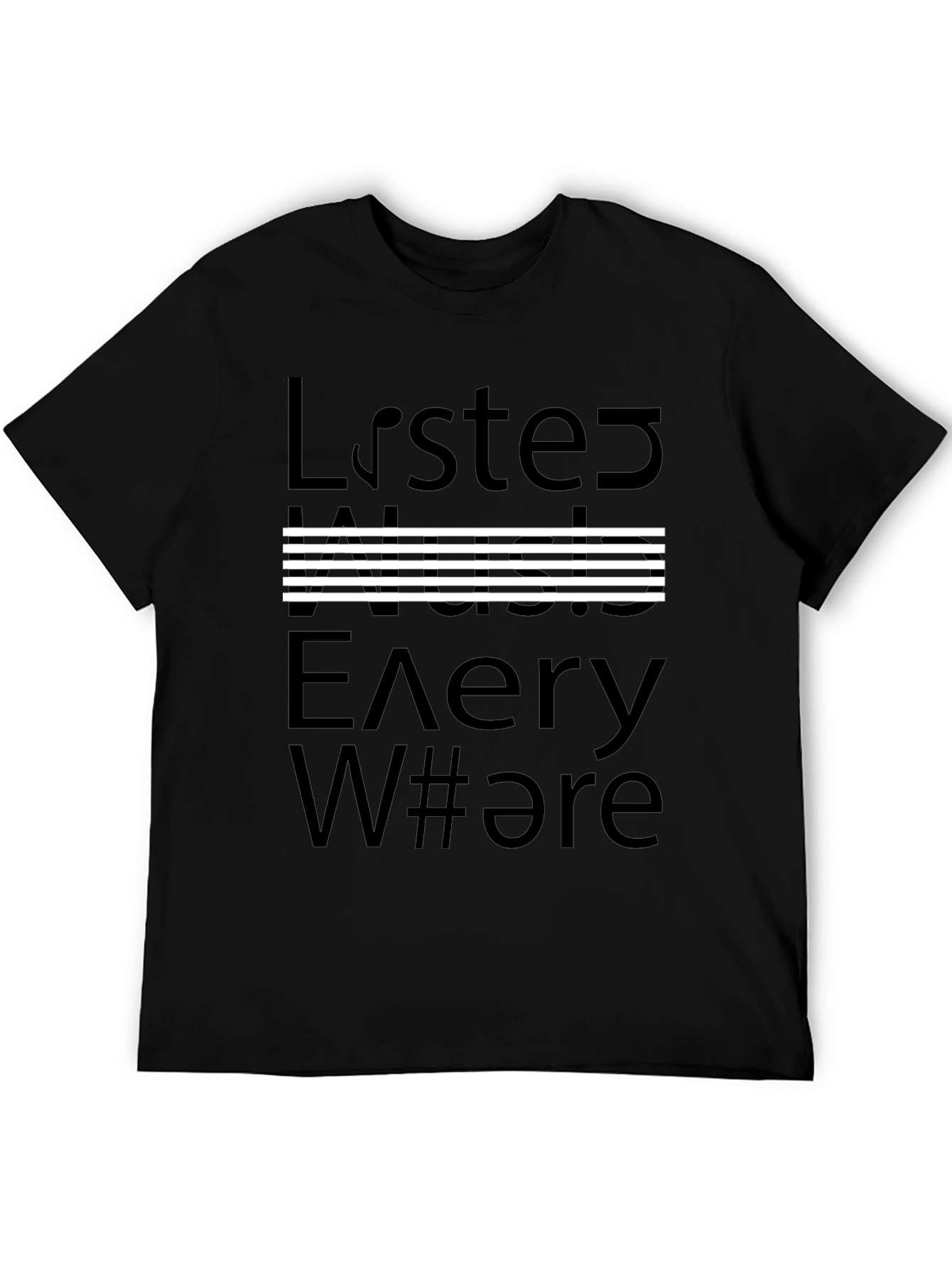 Listen Music Everywhere Black Graphic T-Shirt