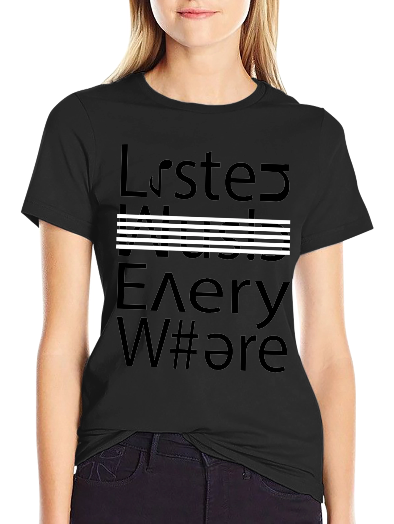 Listen Music Everywhere Black Graphic T-Shirt