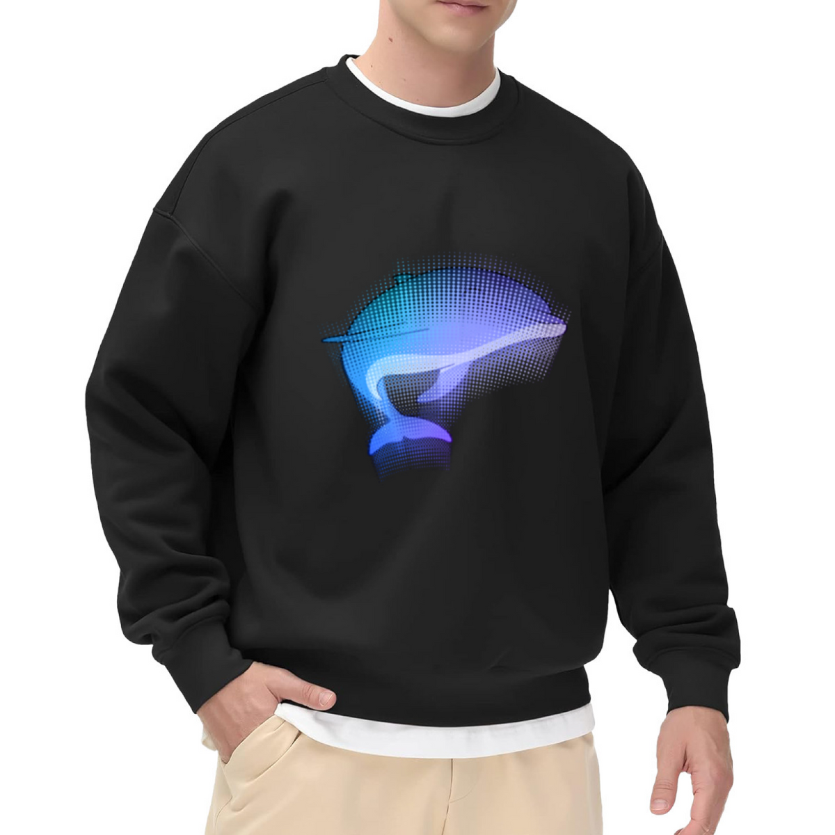 Halftone Dolphin Crewneck Sweatshirt | Modern Gradient Ocean Graphic Pullover, Retro Dot Art Streetwear Top, World Ocean Day Gift