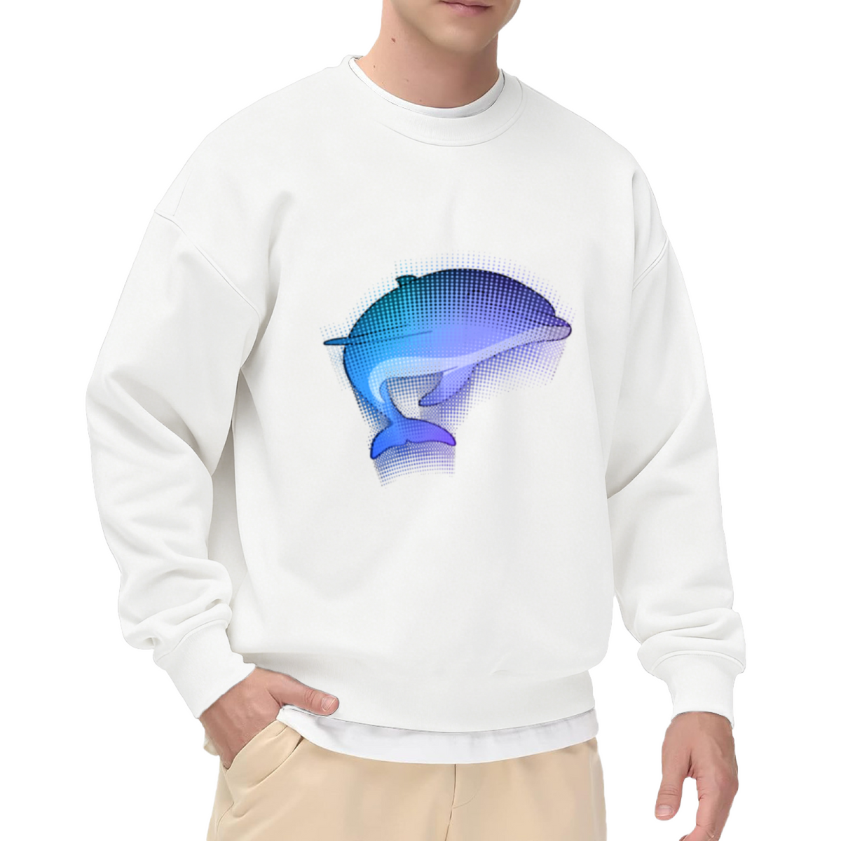 Halftone Dolphin Crewneck Sweatshirt | Modern Gradient Ocean Graphic Pullover, Retro Dot Art Streetwear Top, World Ocean Day Gift