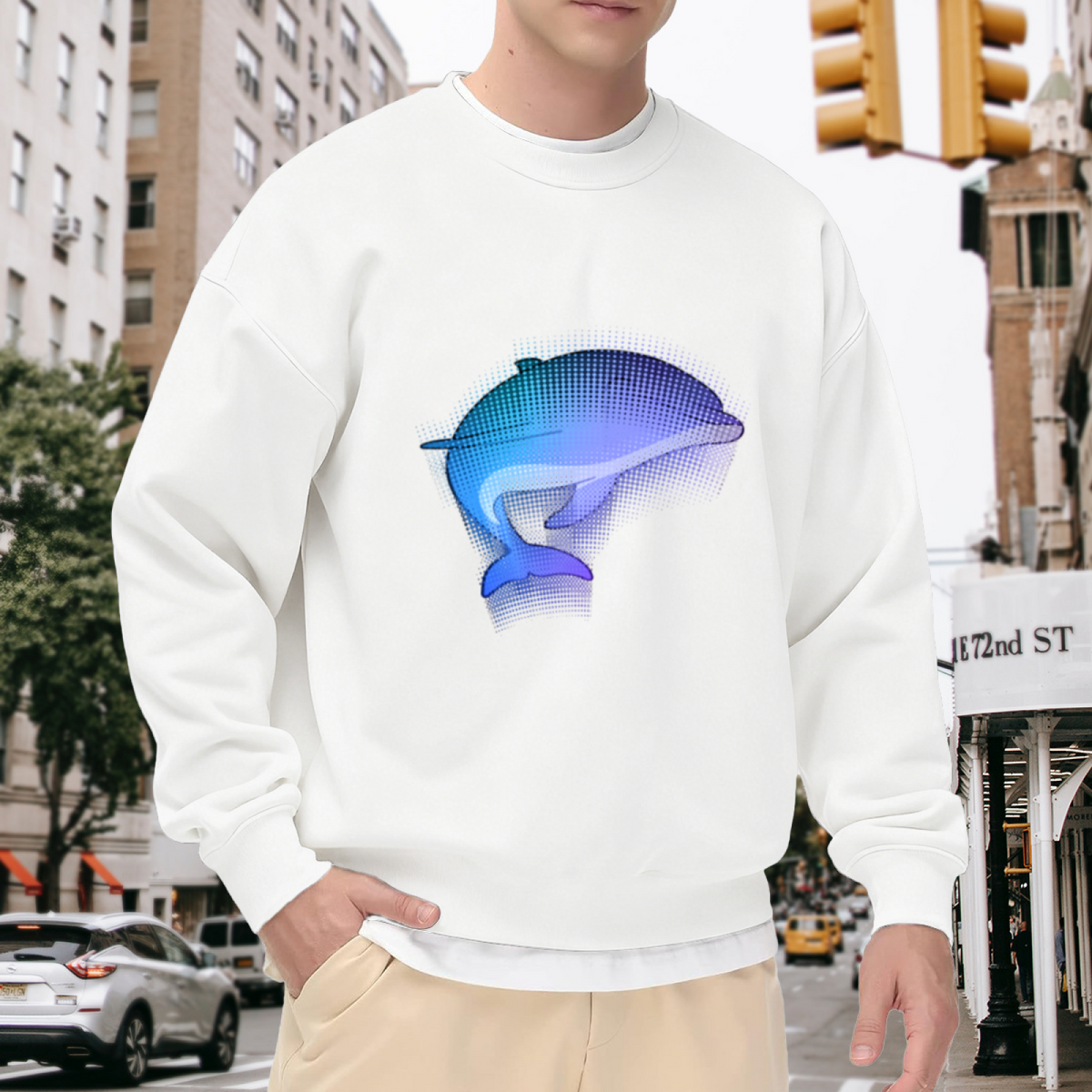 Halftone Dolphin Crewneck Sweatshirt | Modern Gradient Ocean Graphic Pullover, Retro Dot Art Streetwear Top, World Ocean Day Gift