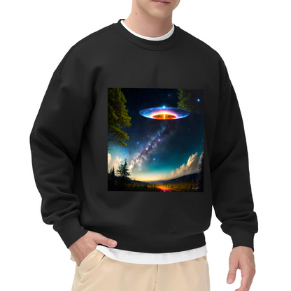UFO Milky Way Night Sky Crewneck Sweatshirt, Flying Saucer Sci Fi Pullover, Space Gift