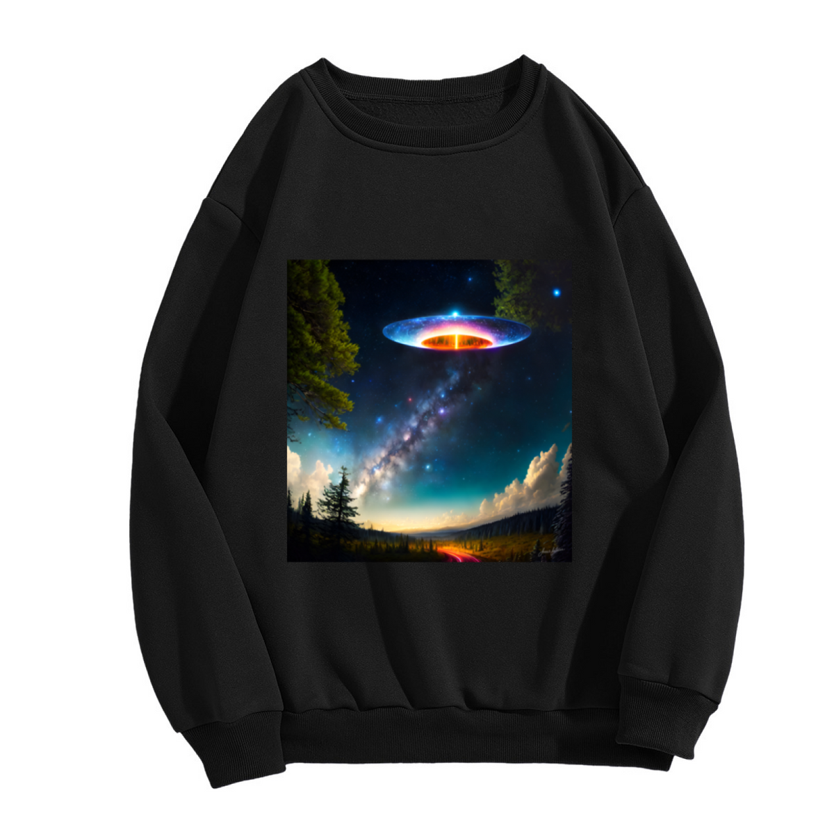 UFO Milky Way Night Sky Crewneck Sweatshirt, Flying Saucer Sci Fi Pullover, Space Gift