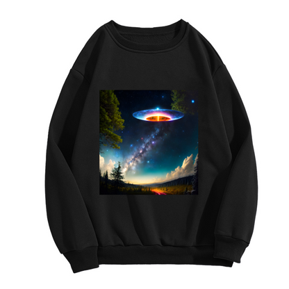 UFO Milky Way Night Sky Crewneck Sweatshirt, Flying Saucer Sci Fi Pullover, Space Gift