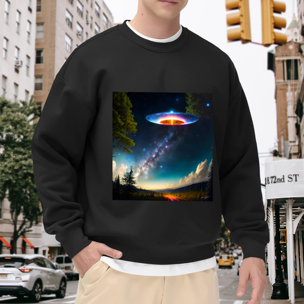 UFO Milky Way Night Sky Crewneck Sweatshirt, Flying Saucer Sci Fi Pullover, Space Gift
