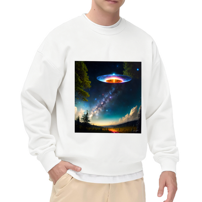 UFO Milky Way Night Sky Crewneck Sweatshirt, Flying Saucer Sci Fi Pullover, Space Gift