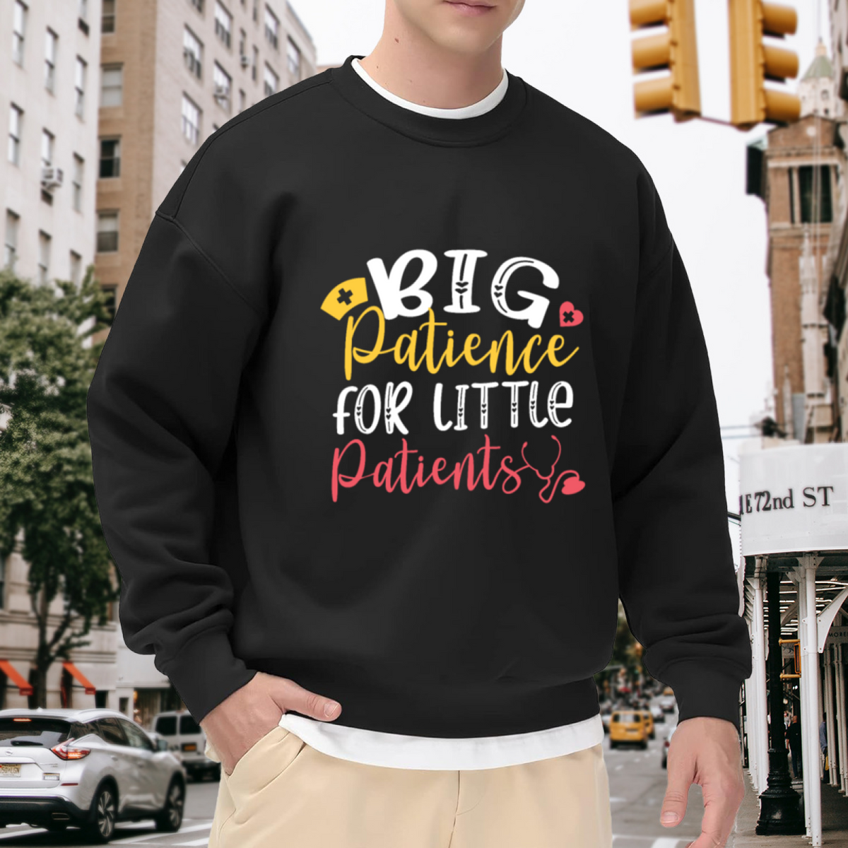 Big Patience For Little Patients Crewneck Sweatshirt | Cute Pediatric Nurse Pullover, Hand-Lettered Medical Graphic Top, Nurses Day Gift