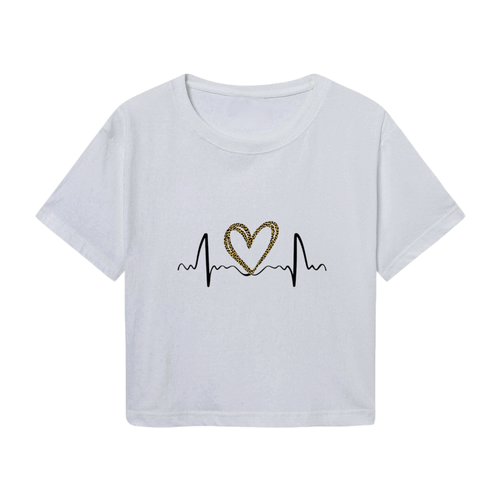Leopard Print Heart EKG Heartbeat Light Gray Crop Top ¨C Trendy Y2K Casual Women Crop Tee