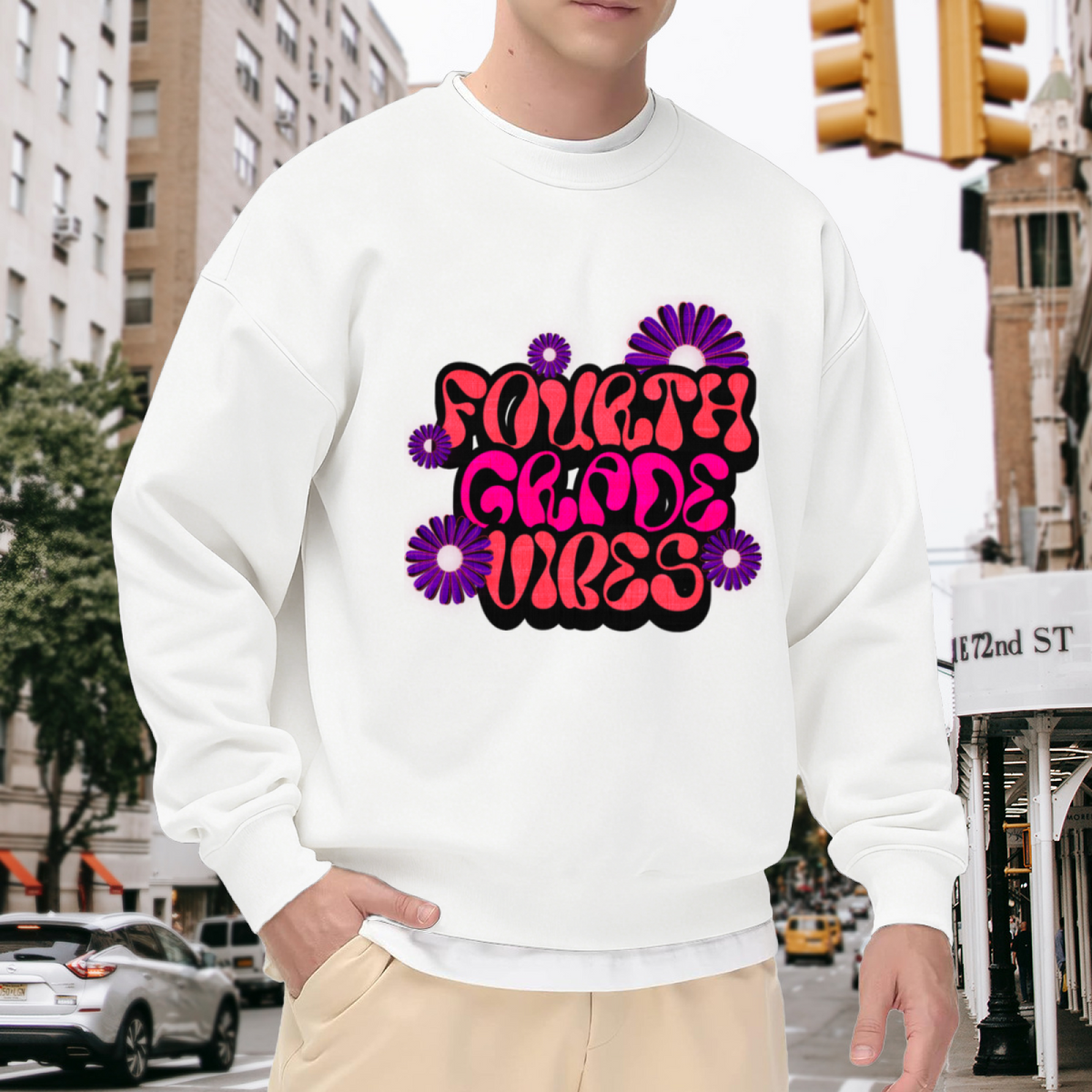 Fourth Grade Vibes Crewneck Sweatshirt | Retro Groovy Daisy Pullover, Cute Back To School Graphic Top, Student Gift