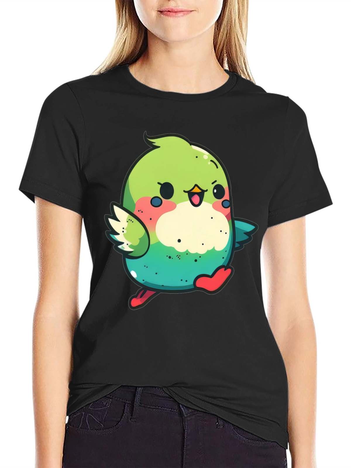 Cute Cartoon Bird Graphic Tee - Black