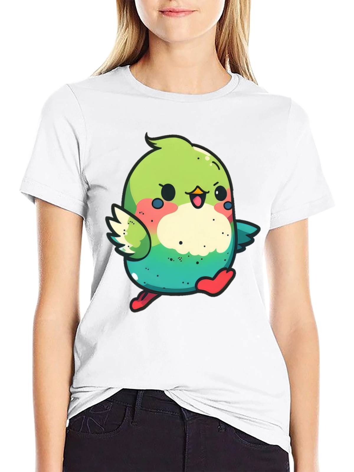 Cute Cartoon Bird Graphic Tee - Black