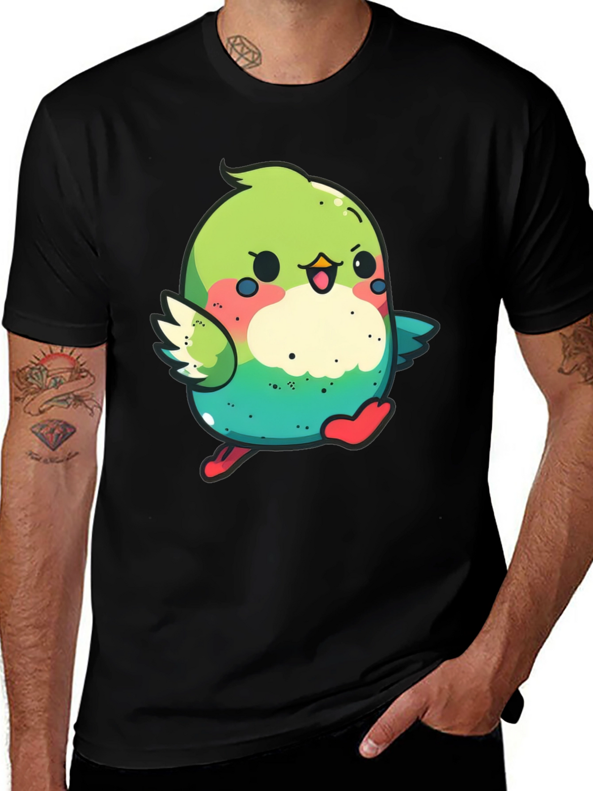 Cute Cartoon Bird Graphic Tee - Black