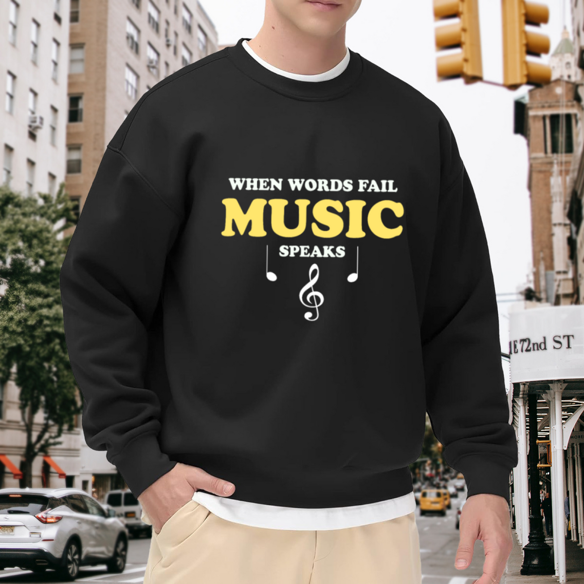 When Words Fail Music Speaks Treble Clef Crewneck Sweatshirt | Music Note Quote Pullover, Musician Music Lover Gift