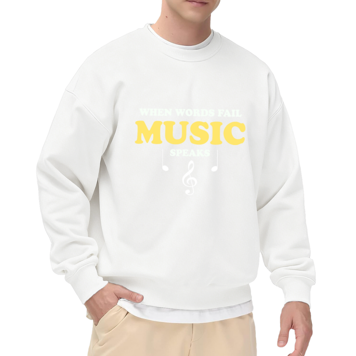 When Words Fail Music Speaks Treble Clef Crewneck Sweatshirt | Music Note Quote Pullover, Musician Music Lover Gift