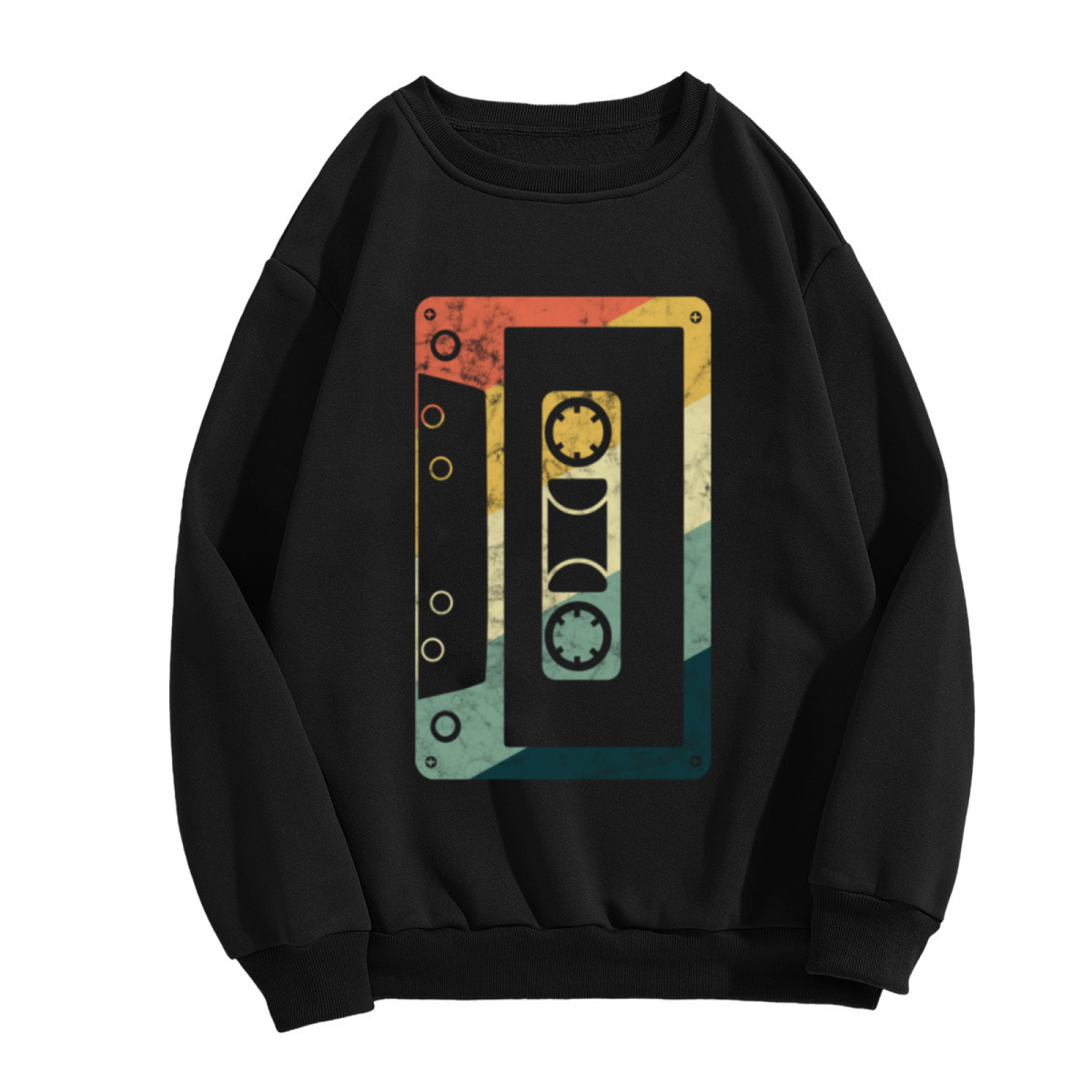 Retro Cassette Tape Sunset Gradient Crewneck Sweatshirt | Vintage Mixtape Distressed Pullover, 80s Nostalgia Gift