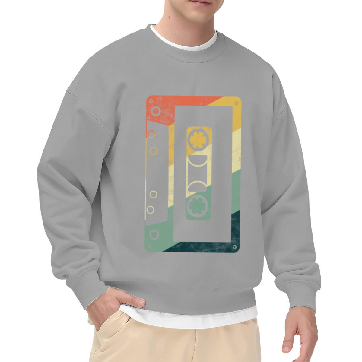 Retro Cassette Tape Sunset Gradient Crewneck Sweatshirt | Vintage Mixtape Distressed Pullover, 80s Nostalgia Gift