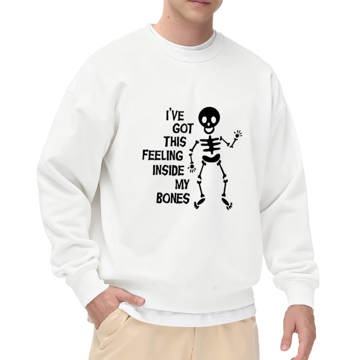 Cartoon Skeleton Feeling Inside My Bones Sweatshirt | Funny Halloween Graphic Crewneck, Hand-Drawn Skull Pullover Top, Spooky Gift for Women Men