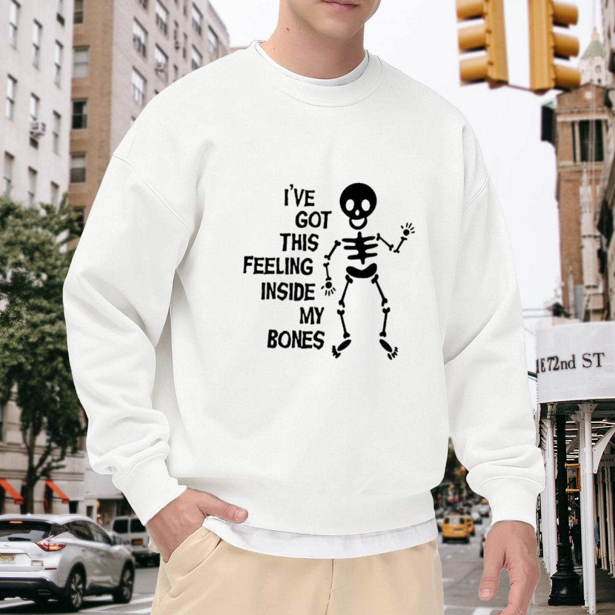 Cartoon Skeleton Feeling Inside My Bones Sweatshirt | Funny Halloween Graphic Crewneck, Hand-Drawn Skull Pullover Top, Spooky Gift for Women Men