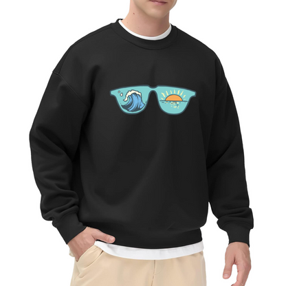 Ocean Wave Sunset Sunglasses Crewneck Sweatshirt | Retro Beach Coastal Lens Graphic Pullover, Summer Vacation Gift