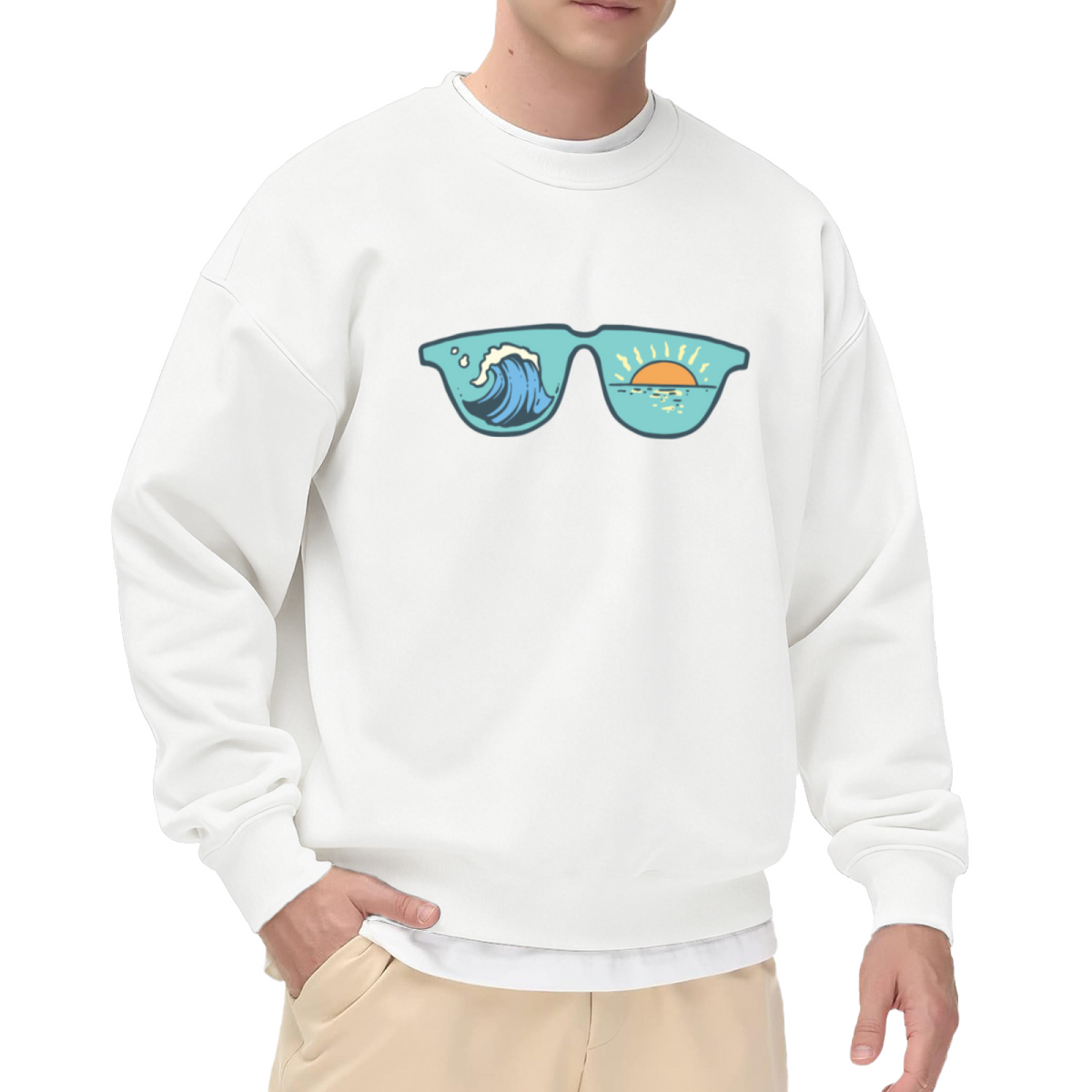 Ocean Wave Sunset Sunglasses Crewneck Sweatshirt | Retro Beach Coastal Lens Graphic Pullover, Summer Vacation Gift
