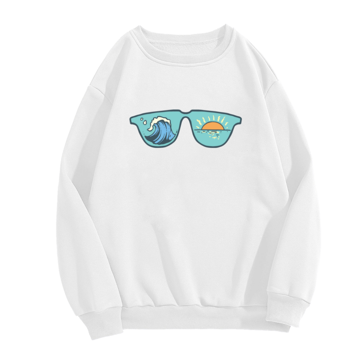 Ocean Wave Sunset Sunglasses Crewneck Sweatshirt | Retro Beach Coastal Lens Graphic Pullover, Summer Vacation Gift