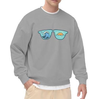 Ocean Wave Sunset Sunglasses Crewneck Sweatshirt | Retro Beach Coastal Lens Graphic Pullover, Summer Vacation Gift