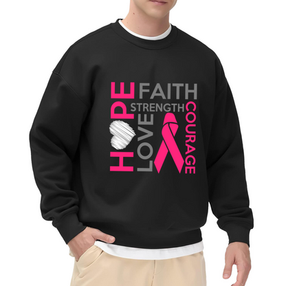 Pink Ribbon Breast Cancer Awareness Crewneck Sweatshirt | Hope Faith Strength Courage Love Pullover, Survivor Support Gift
